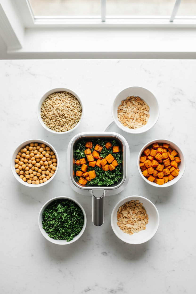 Meal prep ingredients organized in small bowls around kitchen gadget