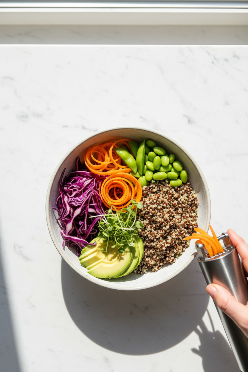 Vibrant colorful Buddha bowl with spiralized vegetables