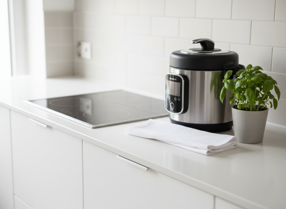 Clean modern kitchen gadget gleaming in natural light next to white linen towel