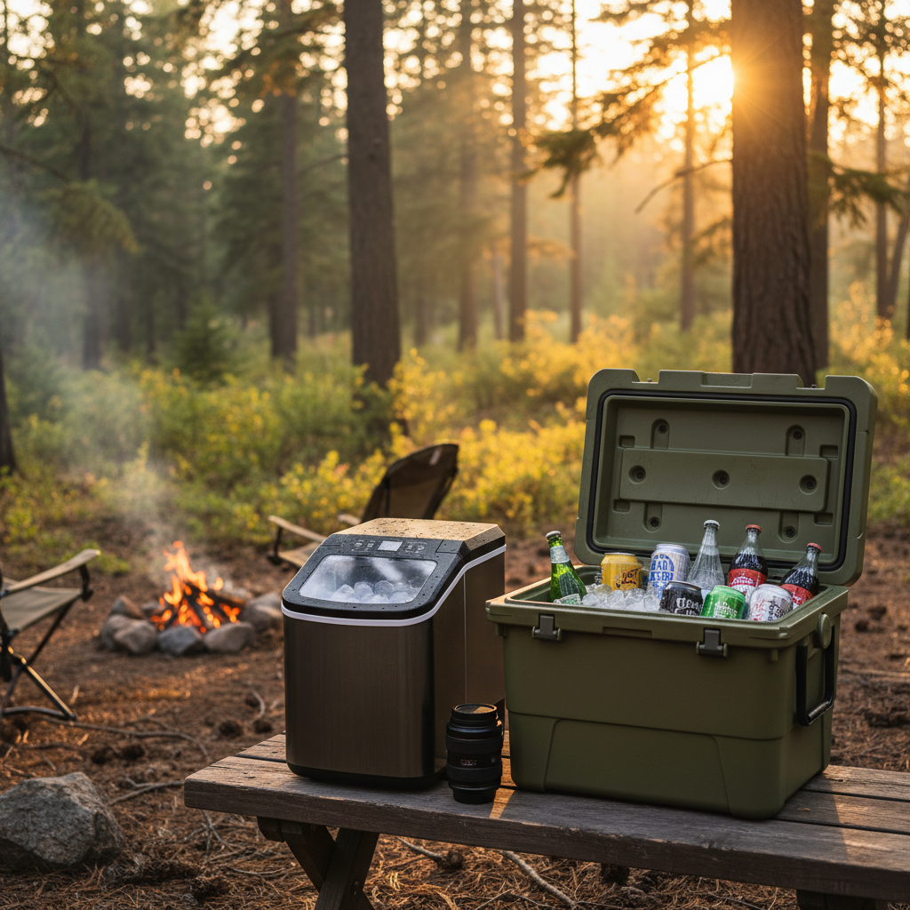 Portable ice maker at campsite in nature