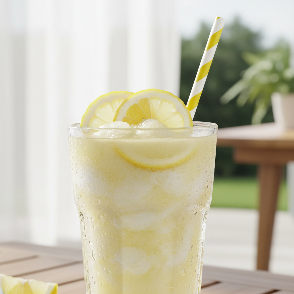Frozen lemonade slushie in a glass with lemon slice