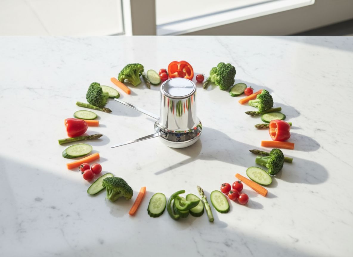Time-saving kitchen convenience with fresh vegetables arranged on marble countertop