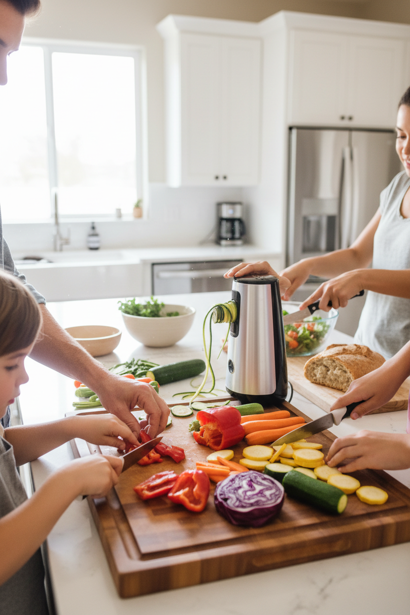 Family hands working together chopping colorful vegetables