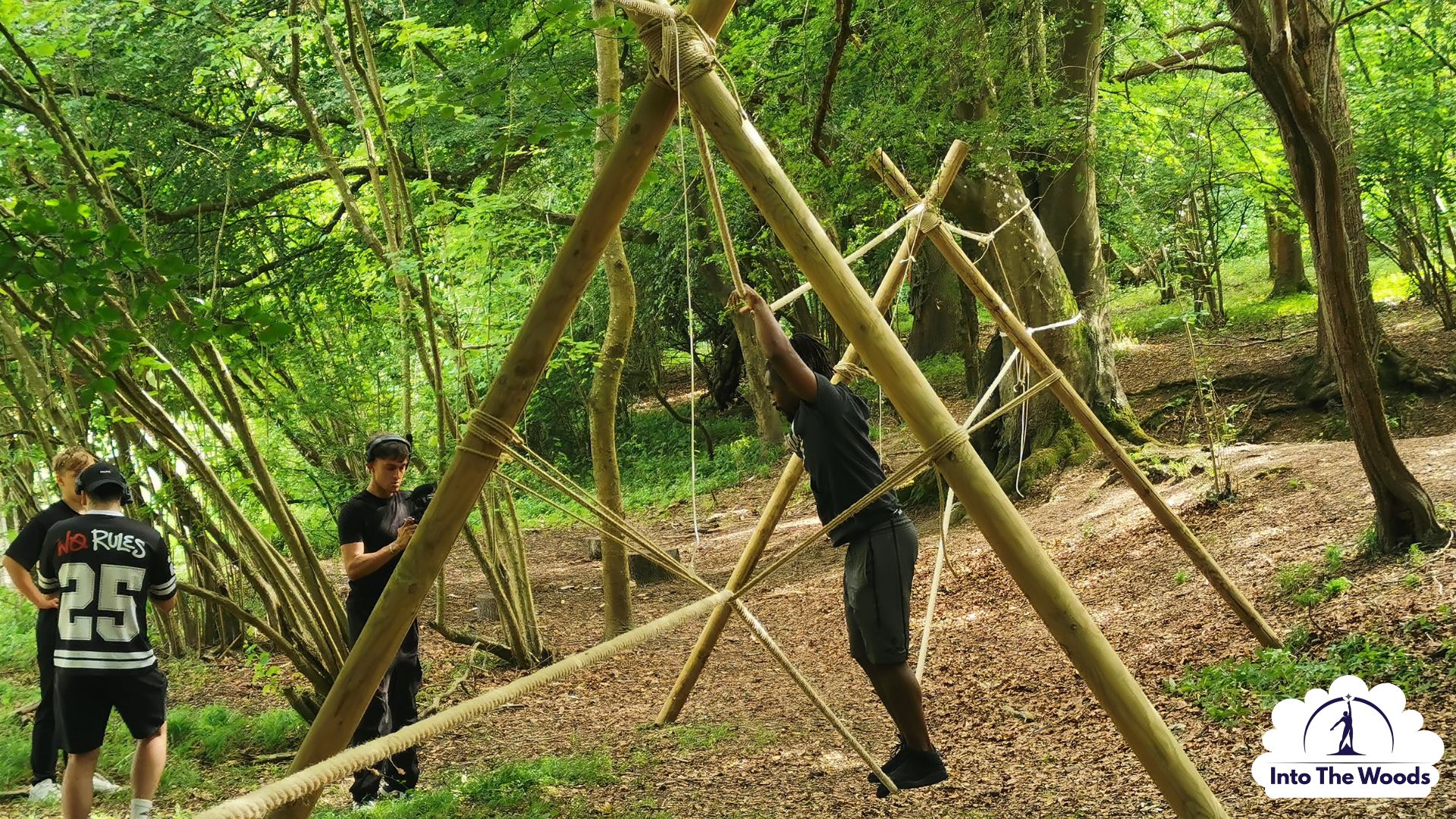 Large-Scale Pioneering team building Kent - corporate group working together in woodland