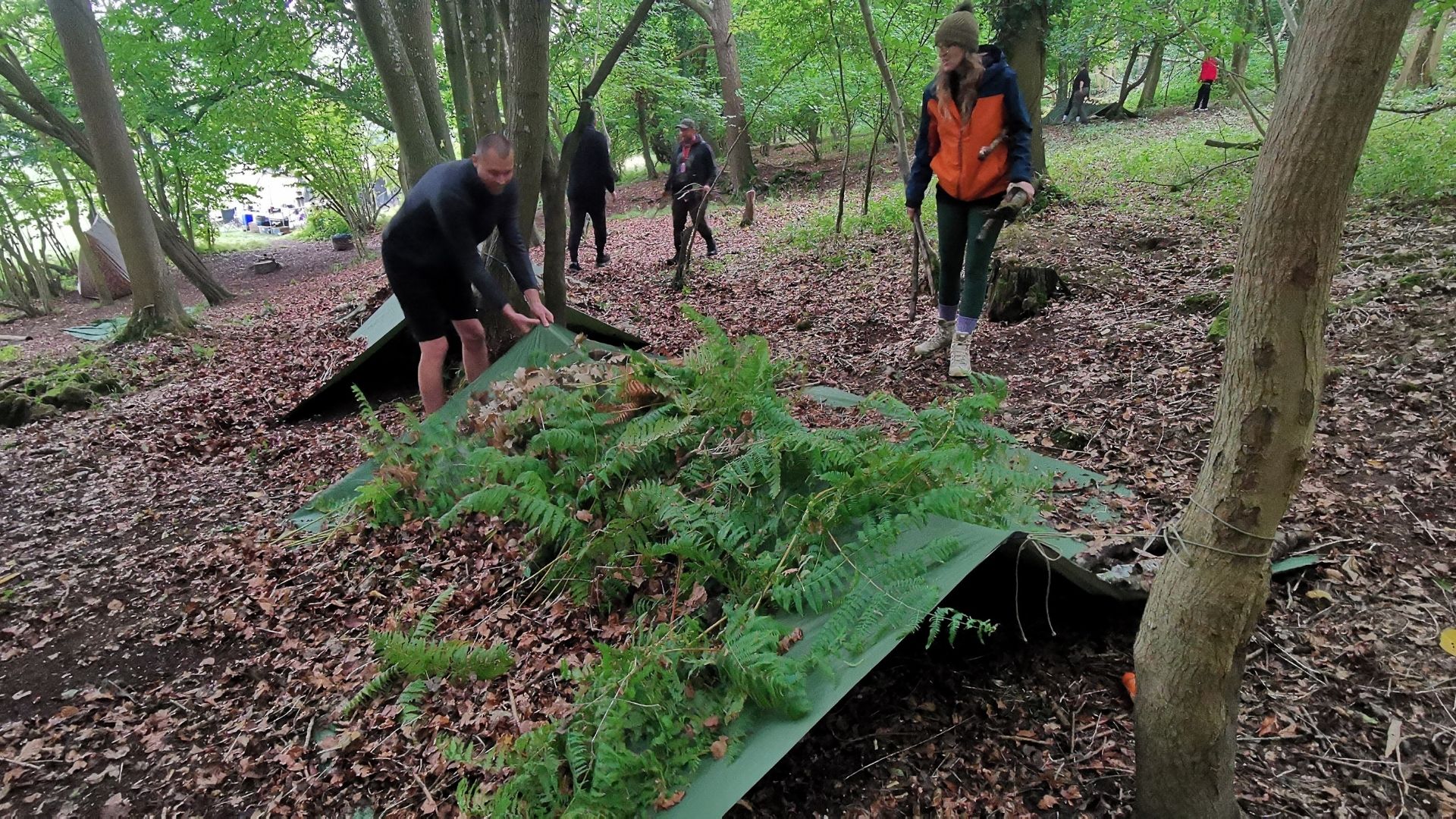 Shelter building with tarp and natural materials at an Into The Woods bushcraft weekend