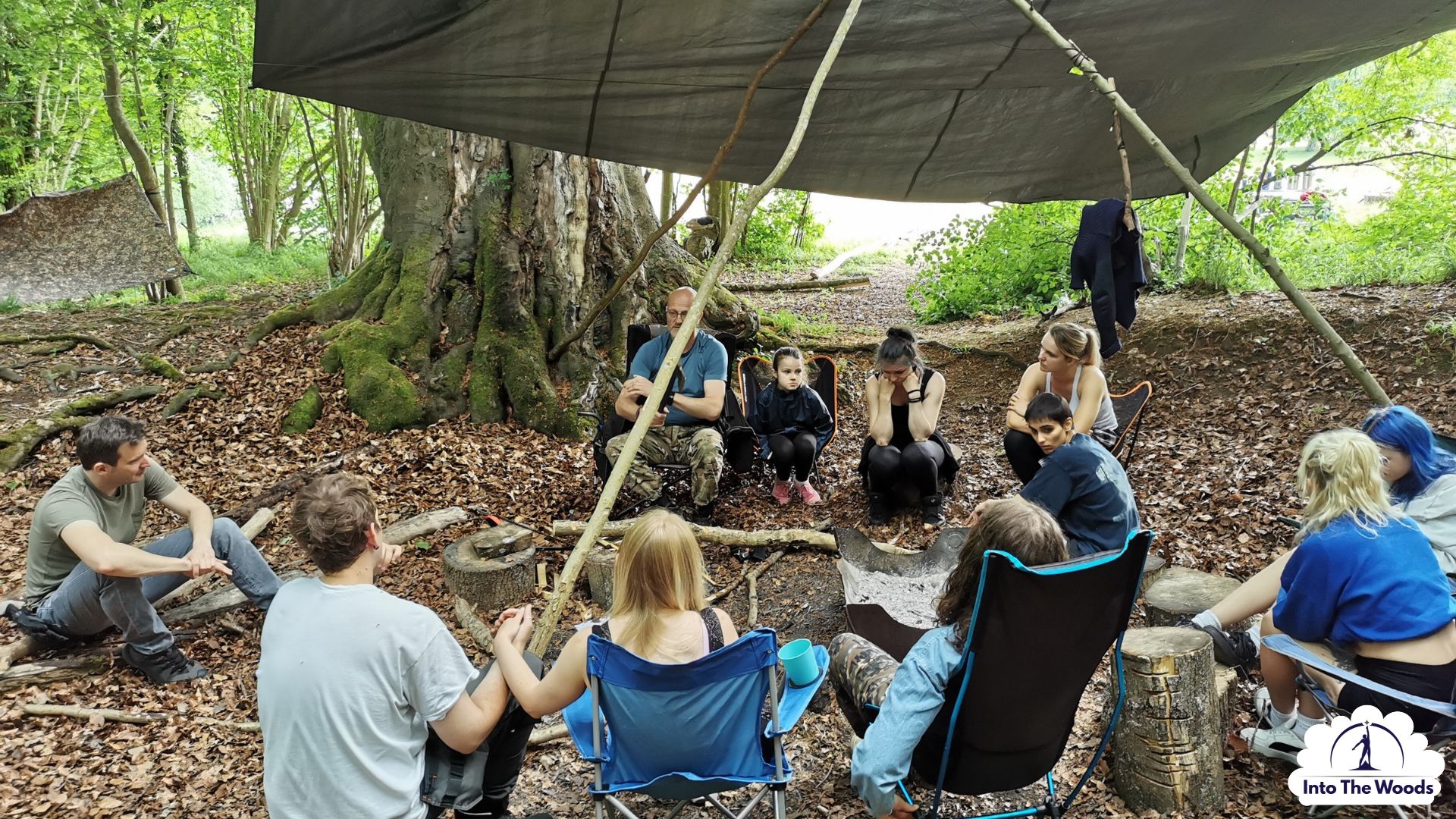 Poetry and Creative Writing Kent - group gathered under a tarp in woodland