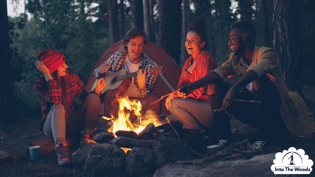 Poetry and Creative Writing - group around campfire with guitar in woodland