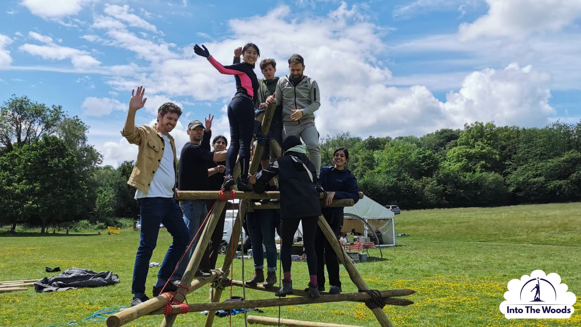 Large-Scale Pioneering Kent - completed rope bridge spanning a gap in woodland