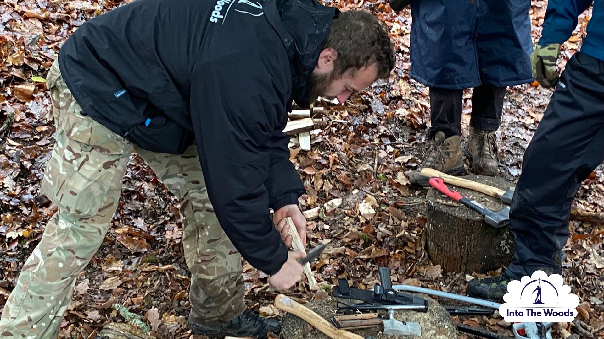 Fire Lighting & Wood Prep Kent - participants enjoying the activity in woodland