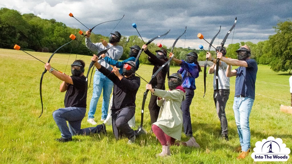 Archery Tag - group with bows and foam arrows ready for battle