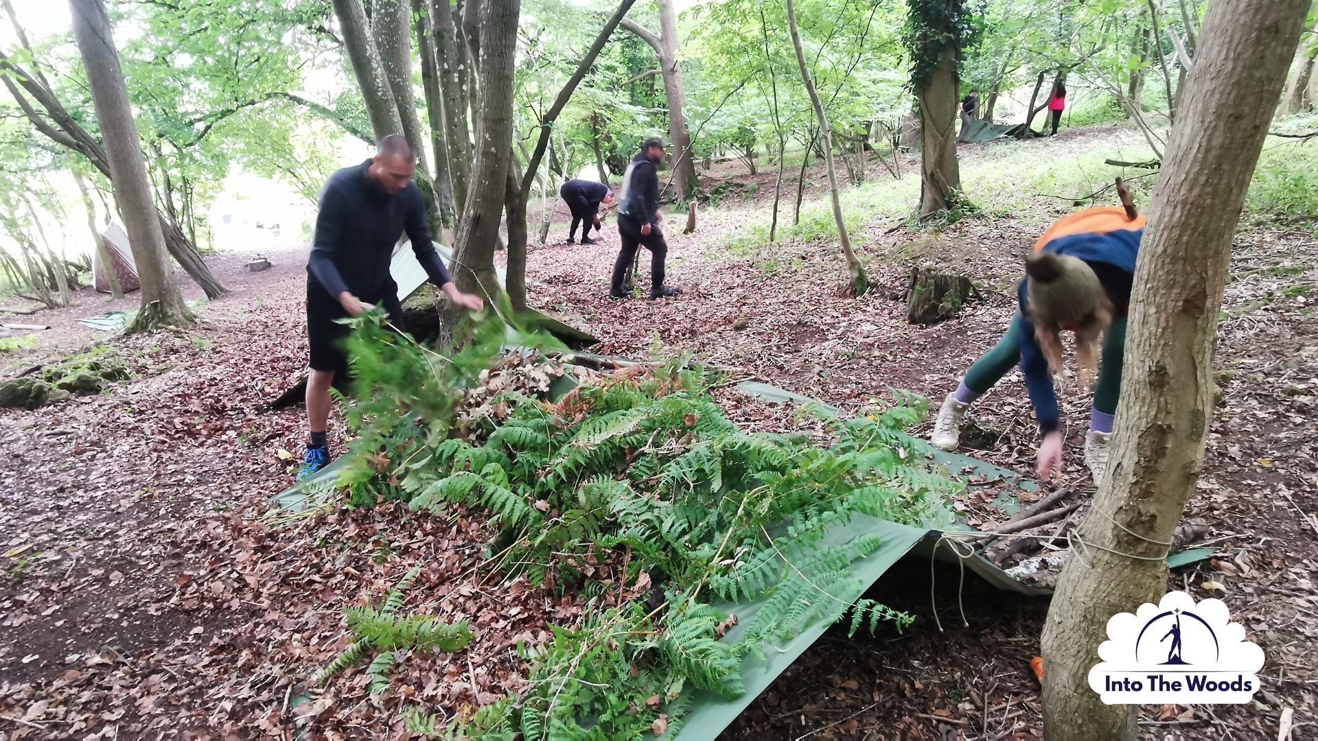 Shelter Building team building Kent - corporate group working together in woodland