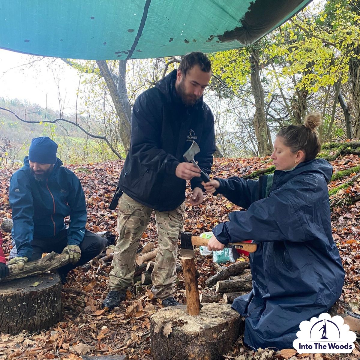 Tool Skills Kent - sawing a log on a sawhorse in woodland