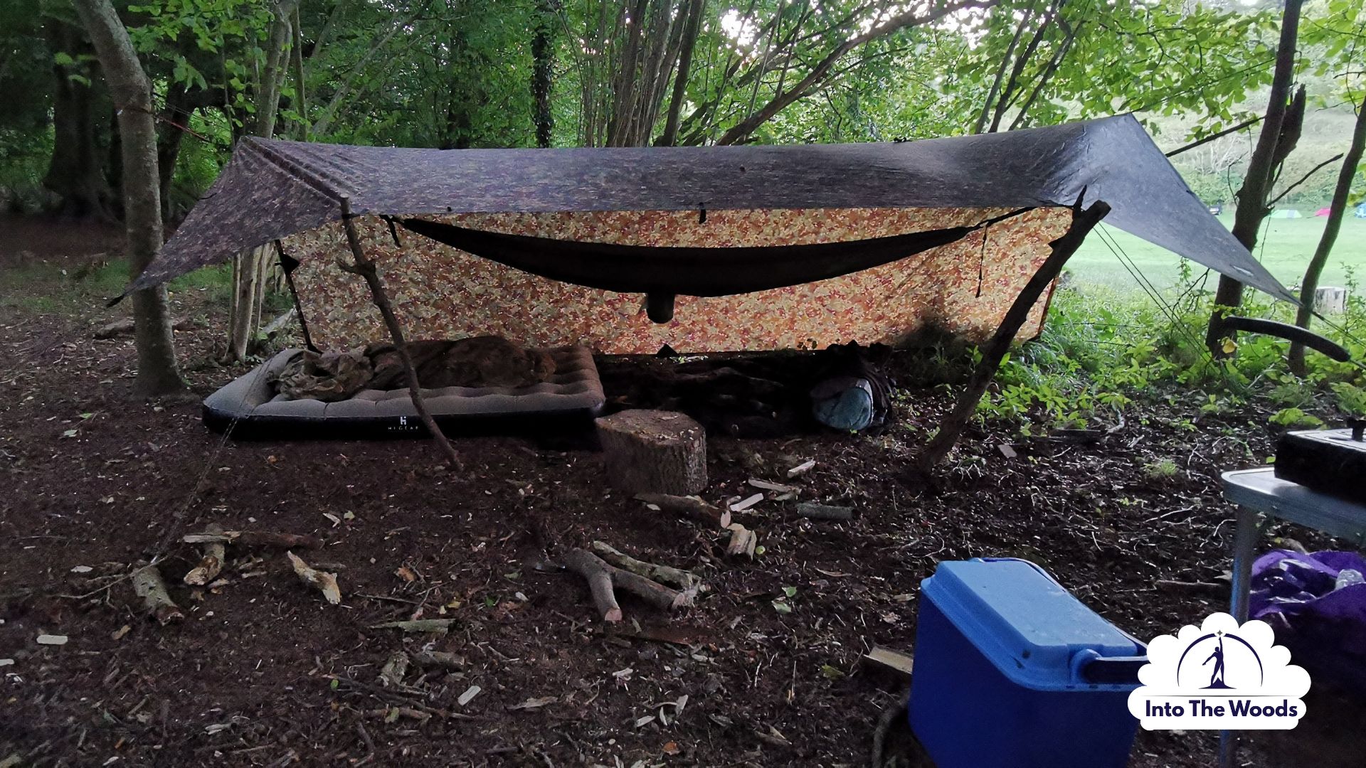 Shelter Building Kent - completed debris shelter made from branches and leaves