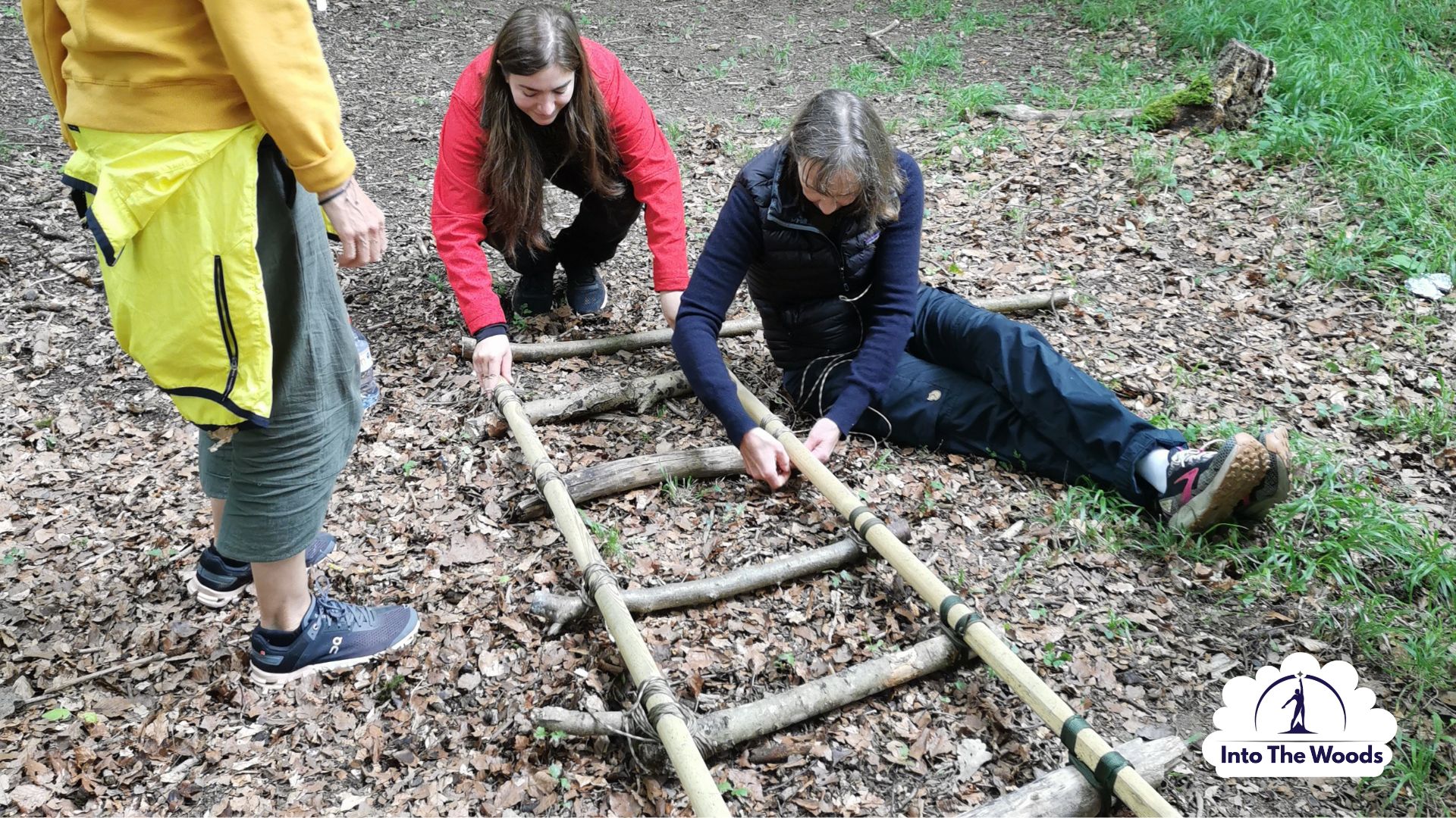 Pioneering team building Kent - corporate group working together in woodland