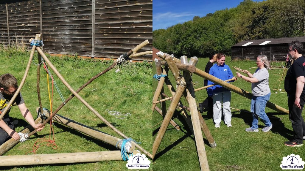 Siege Building - team constructing catapult structures outdoors