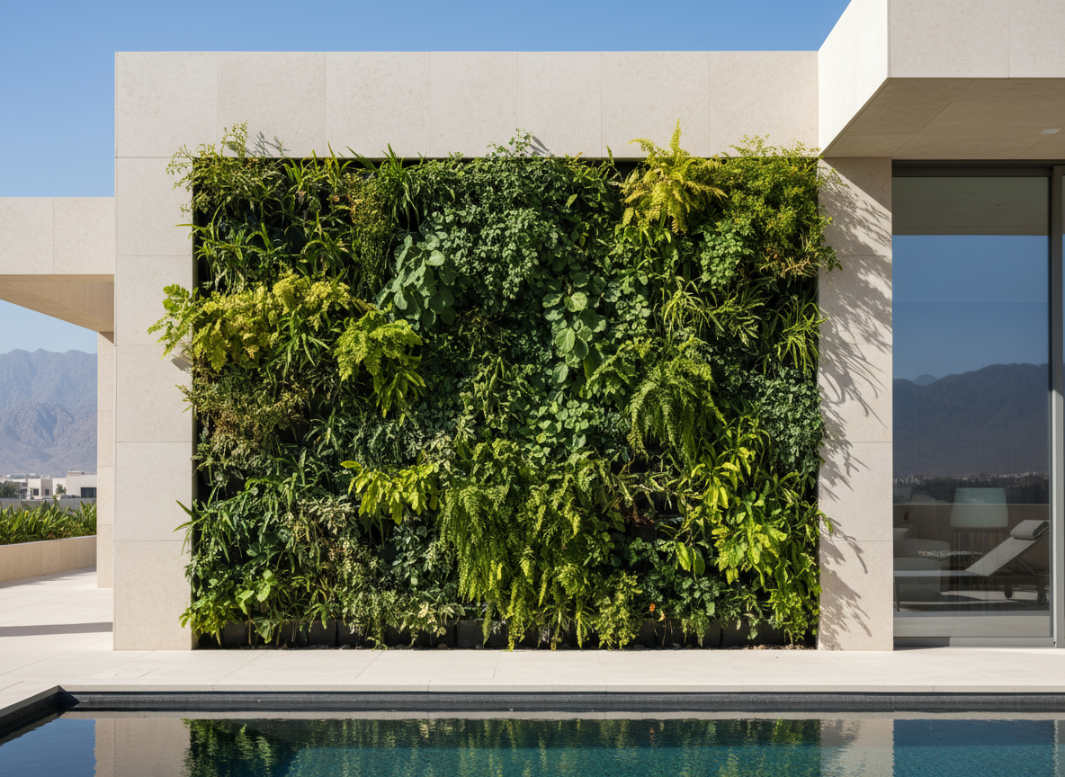 Vertical green wall providing privacy in a small villa garden in Oman