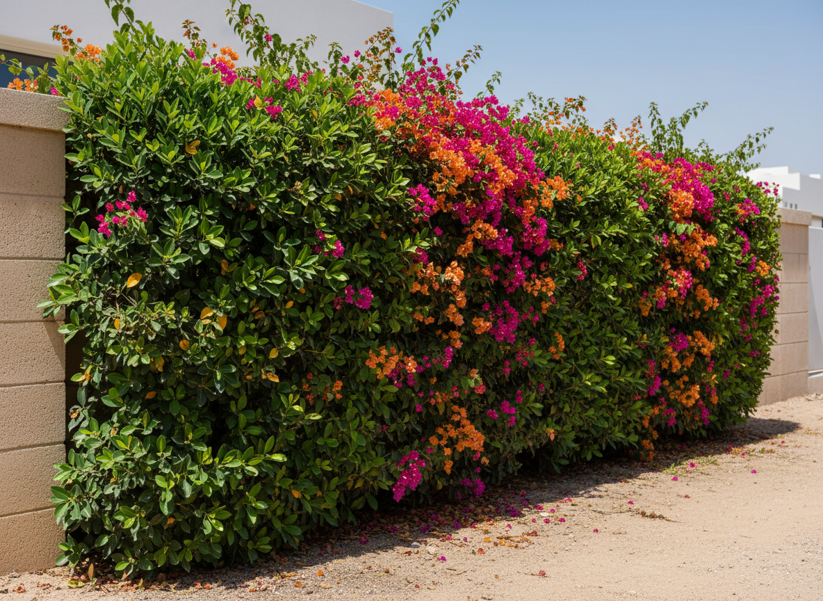 Dense Ficus nitida hedge providing privacy along a villa garden in Oman