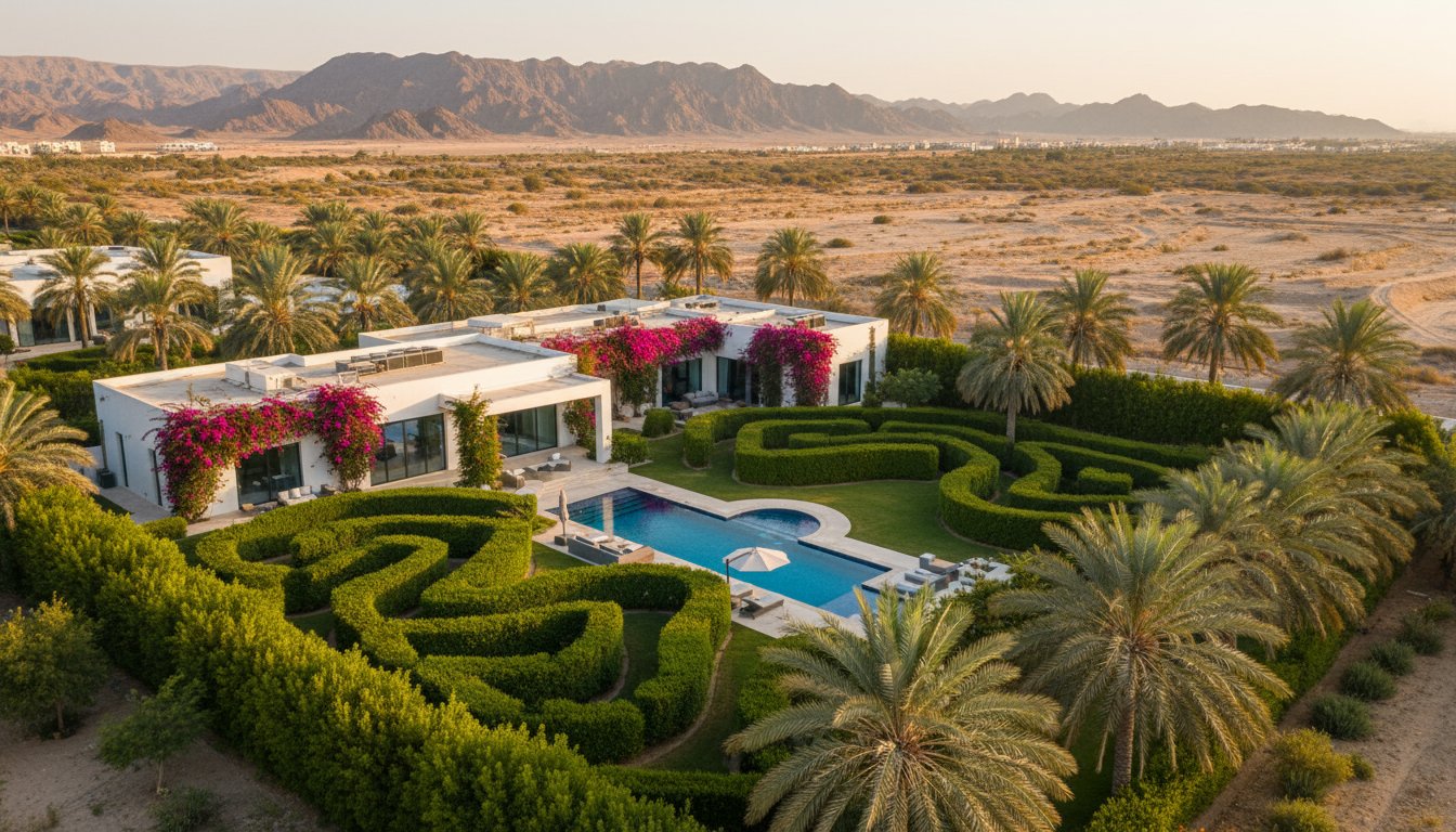 Privacy garden for your villa in Oman with lush hedges and palm trees