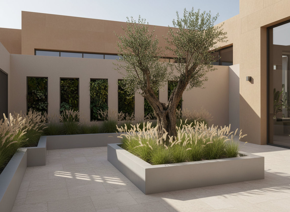 Private courtyard garden with potted plants and seating in a villa in Oman
