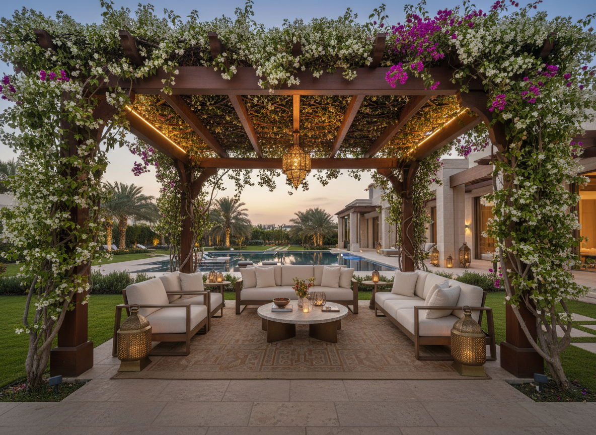 Wooden pergola covered in climbing plants providing shade and privacy in a villa garden