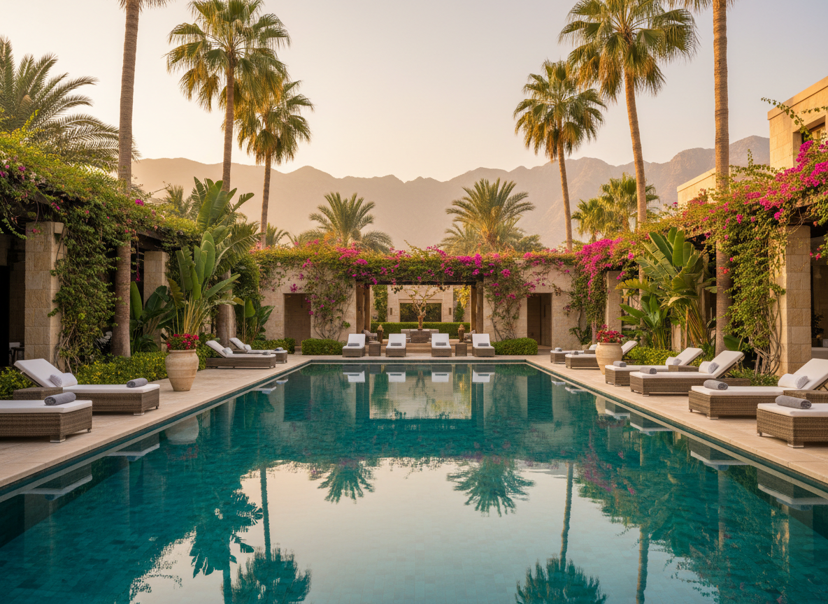 Poolside privacy screen with palms and hedges in a villa garden in Oman