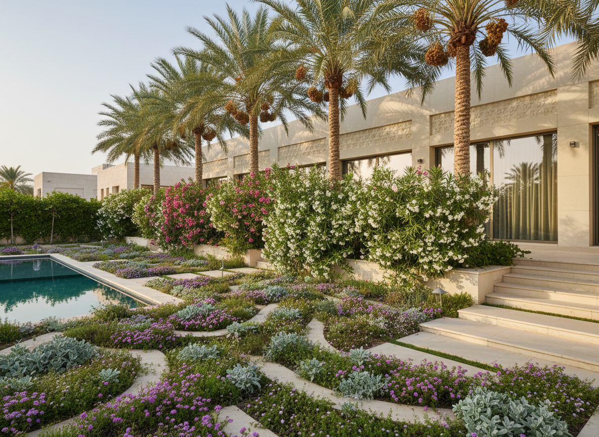 Layered landscaping with palms, hedges and shrubs creating privacy in a villa garden
