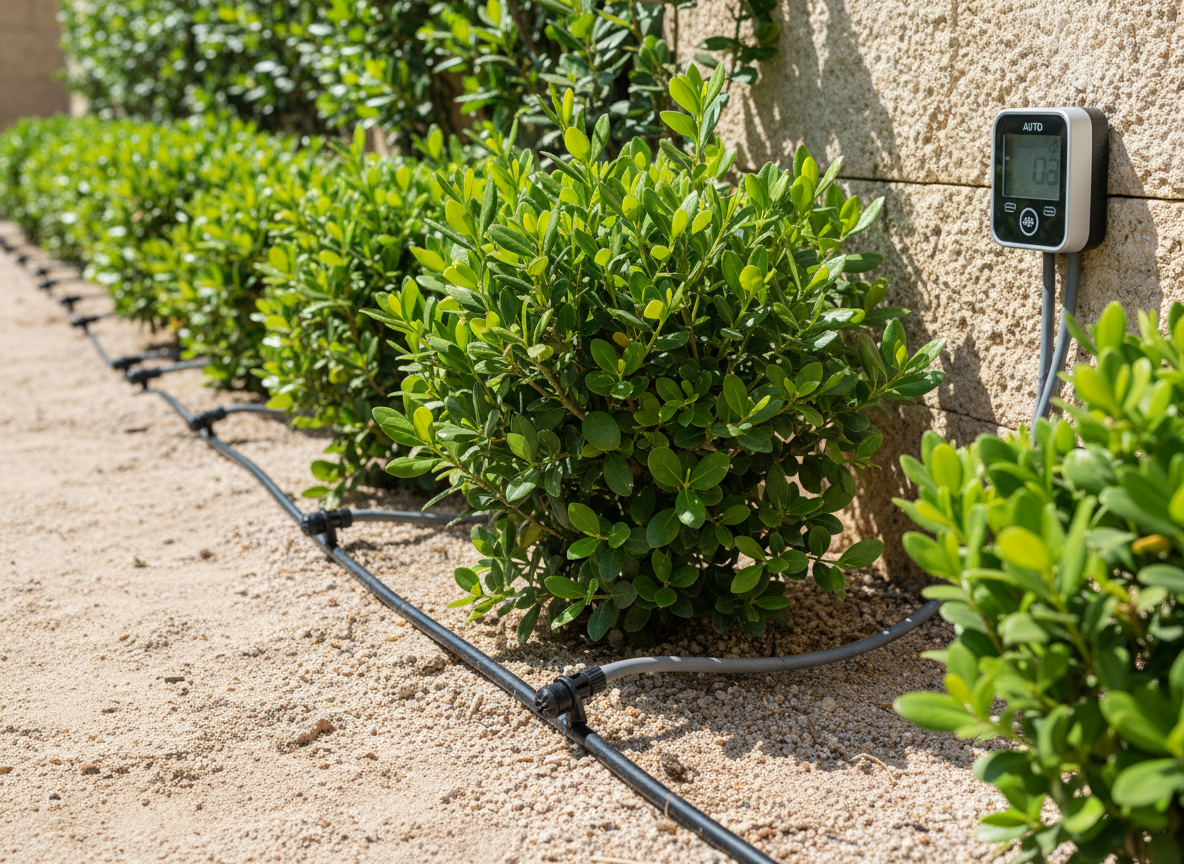 Drip irrigation system installed along a hedge in a villa garden in Oman