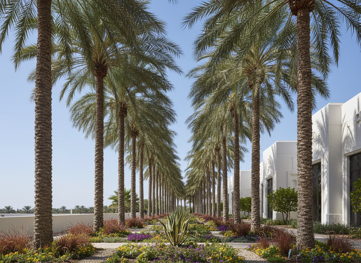 Tall palm trees lining a villa boundary wall in Oman for privacy
