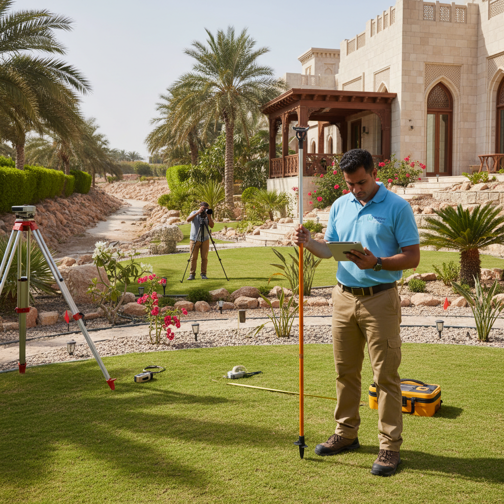 Professional landscaper conducting garden drainage site assessment in luxury villa garden Muscat Oman