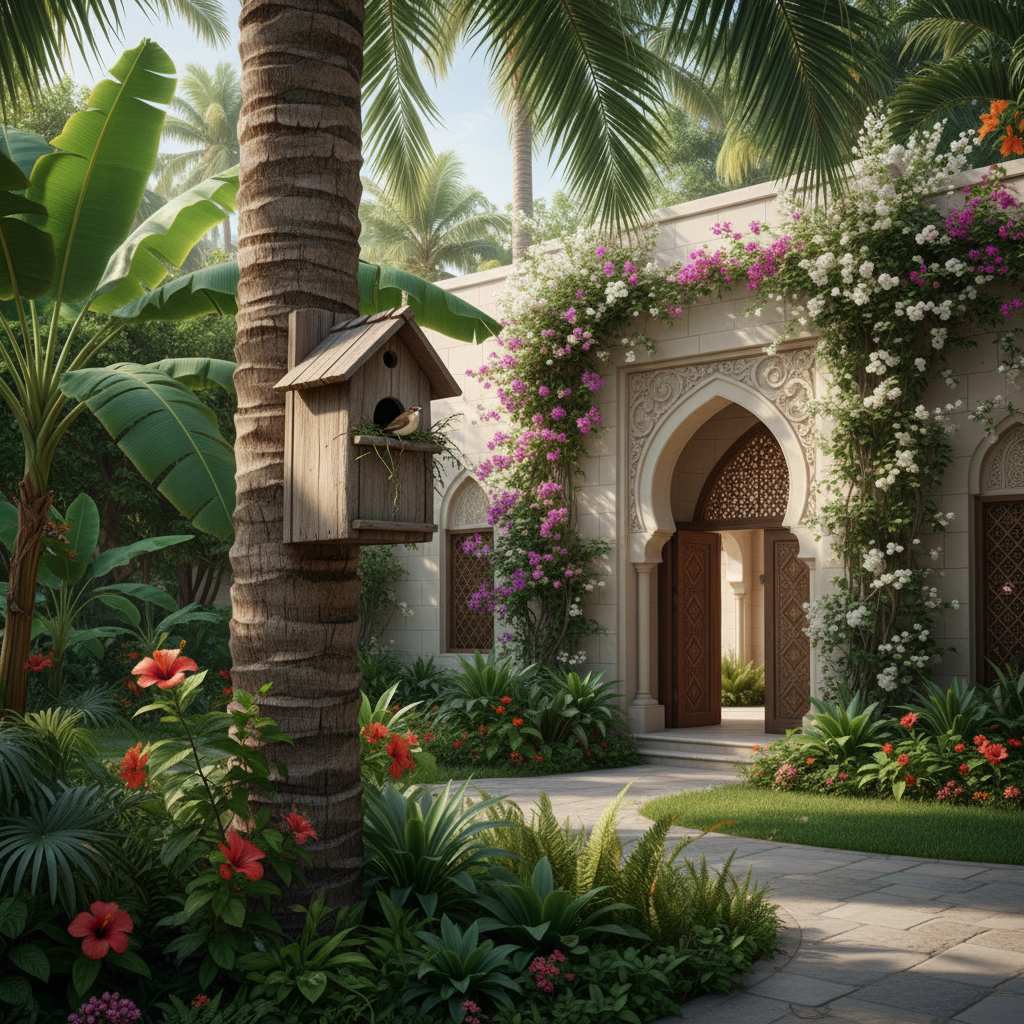 Bird nesting box mounted on tree in lush Omani villa garden providing natural shelter for wildlife Muscat