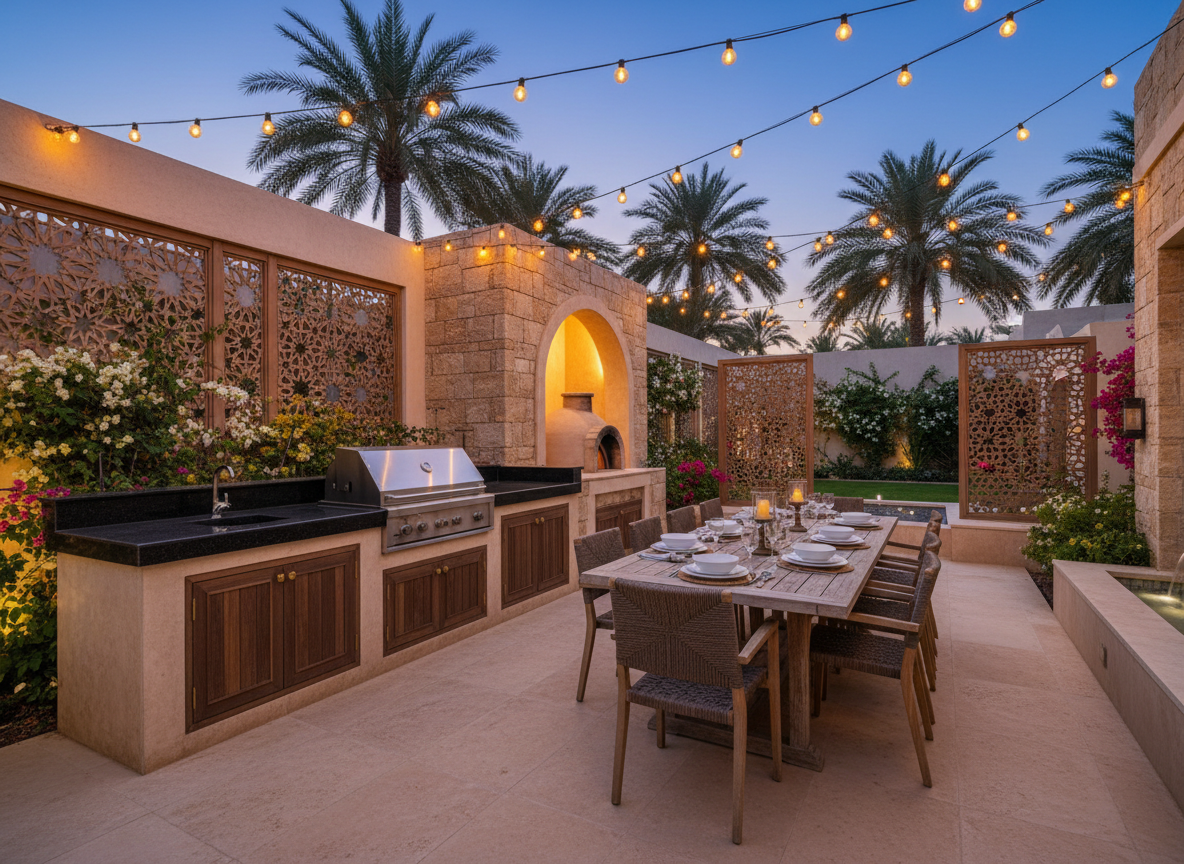 Modern outdoor kitchen and dining area in Omani villa with BBQ station and family seating