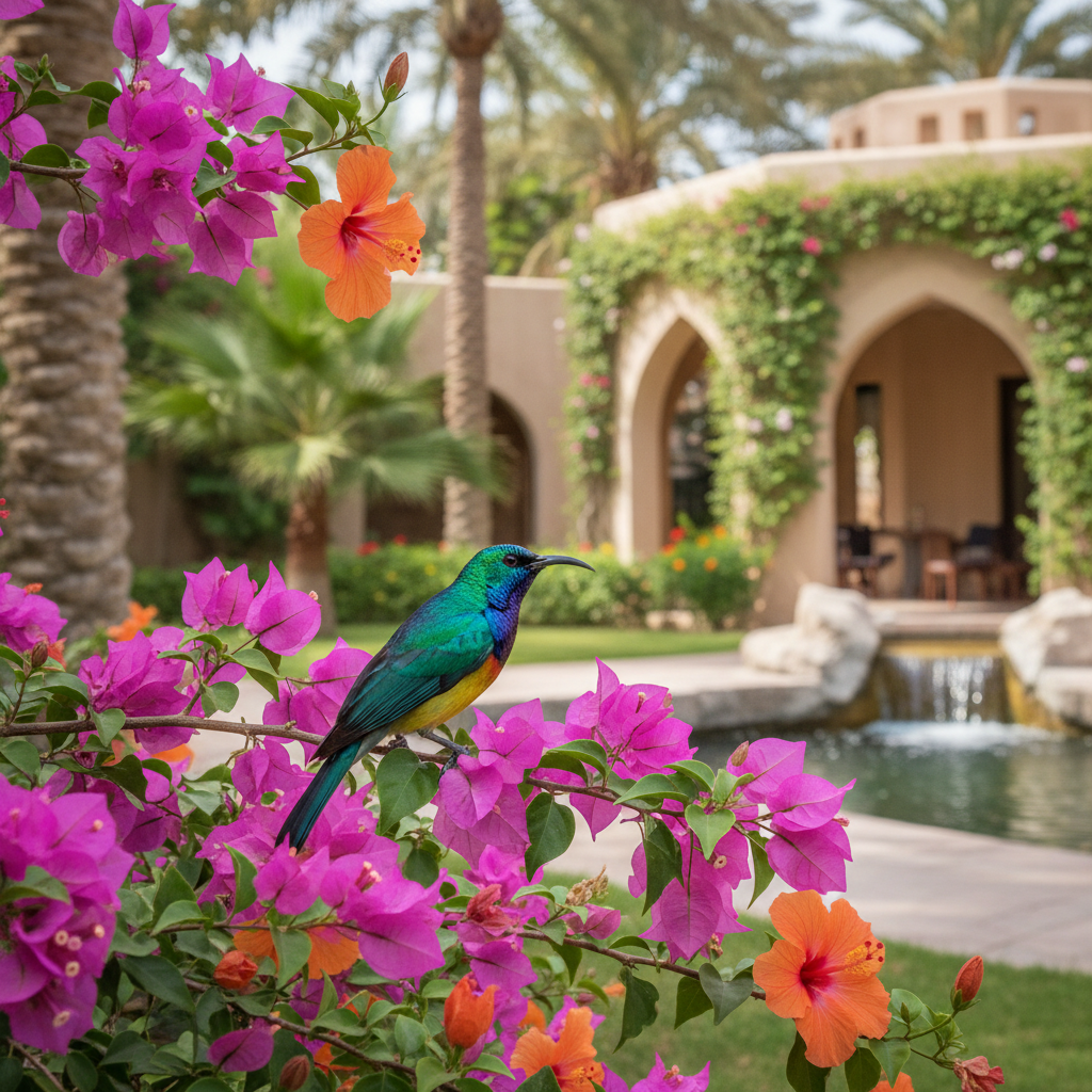 Sunbird perched on flowering branch in Omani garden wildlife photography Muscat