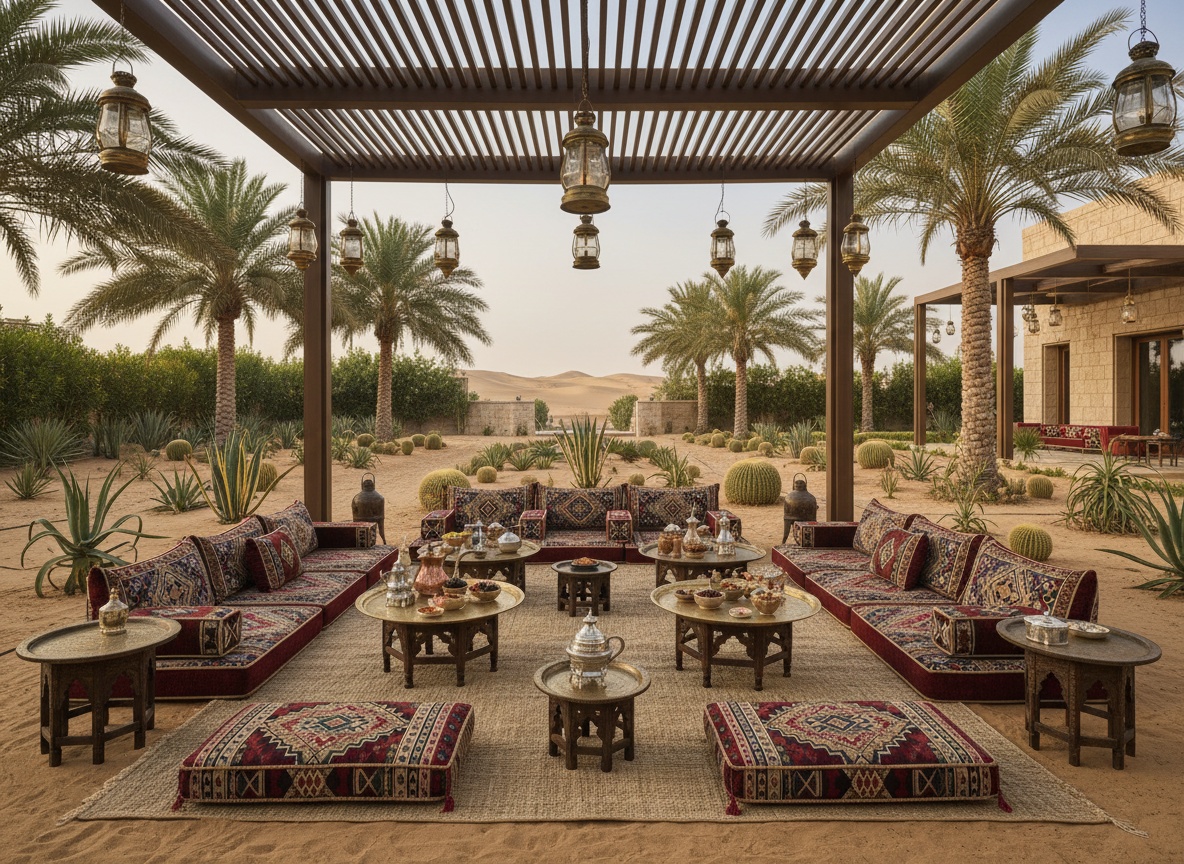 Traditional outdoor majlis seating area with Arabian design elements in Omani garden