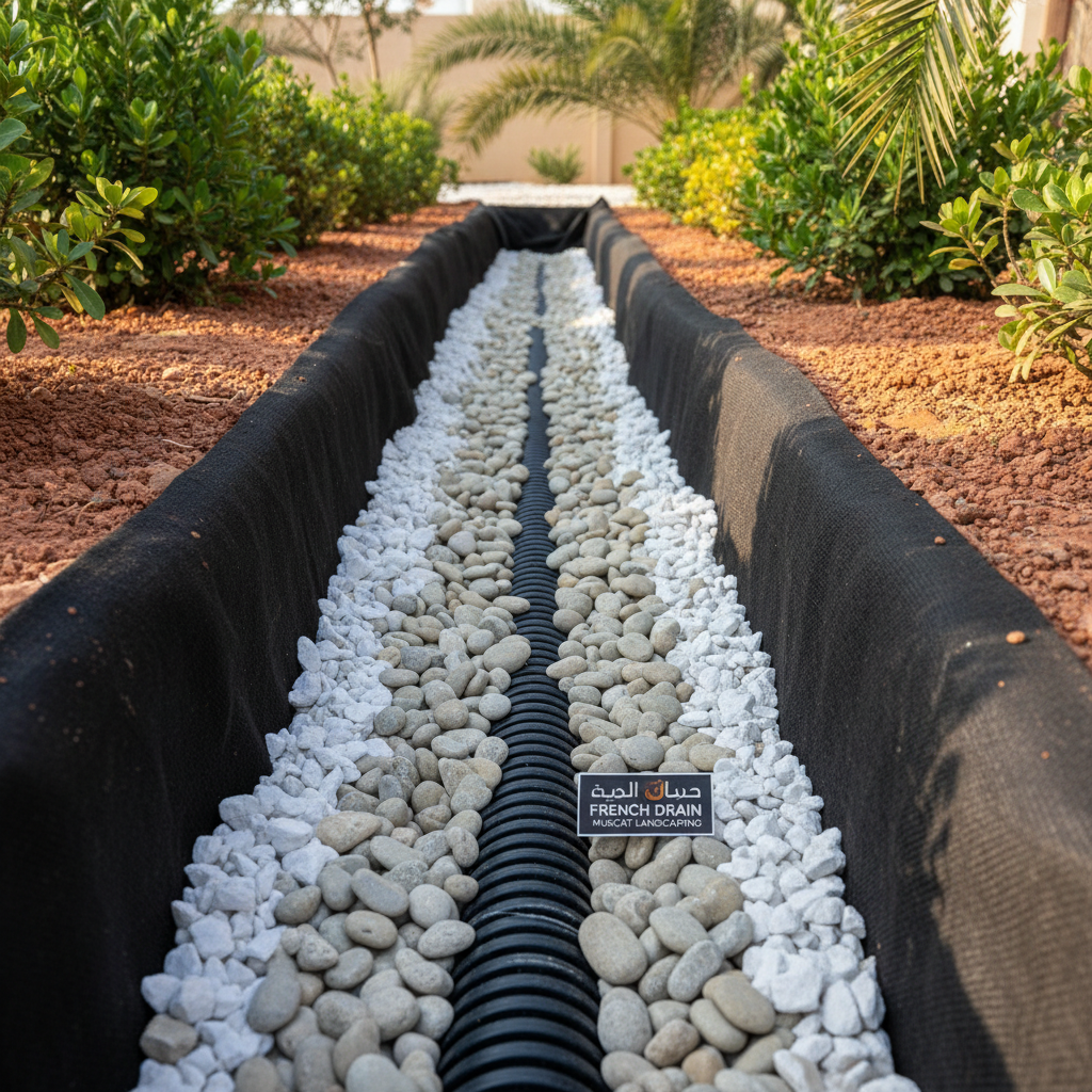 French drain installation with perforated pipe and gravel trench in Omani garden in Muscat