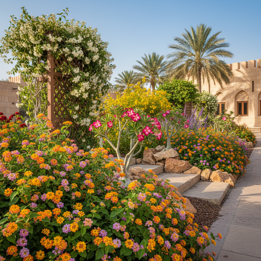 Native Omani flowering plants and shrubs including lantana and jasmine in pollinator-friendly garden Muscat