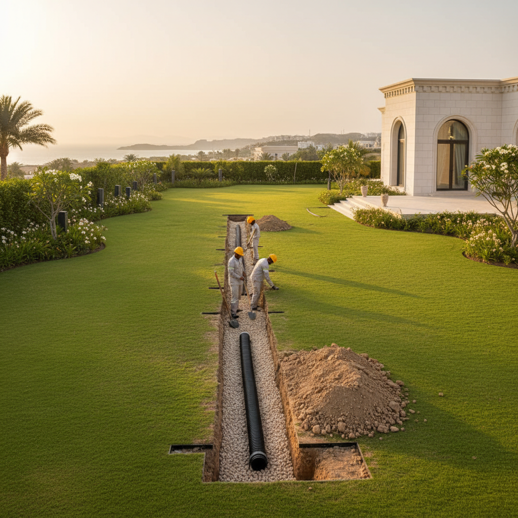 Professional garden drainage system installation in Omani villa garden with French drain and gravel trench in Muscat