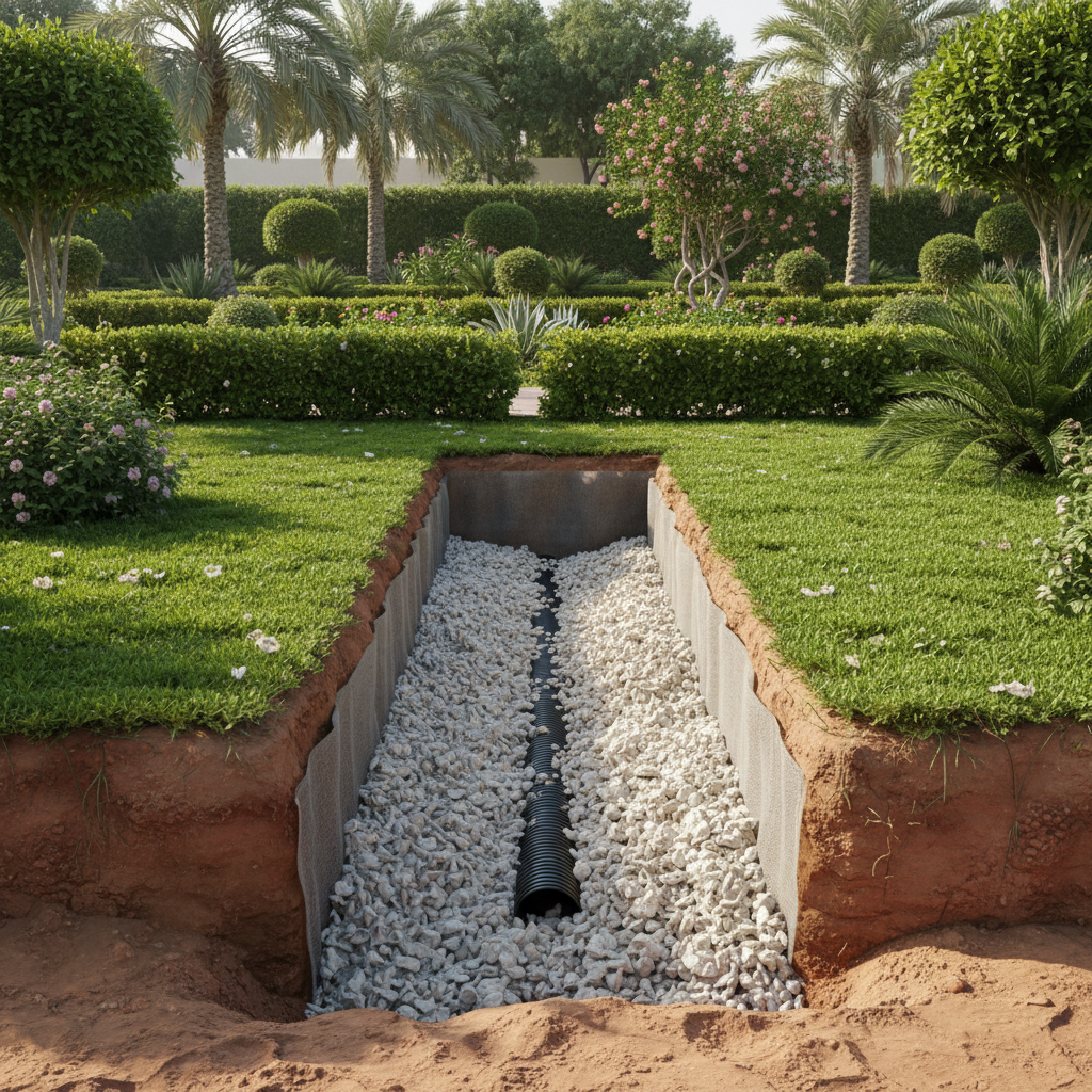 Subsurface drainage system with perforated pipes and gravel installation in Omani garden