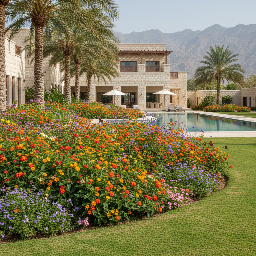 Butterfly flower border garden in luxury villa Oman with lantana milkweed and native flowers butterflies feeding