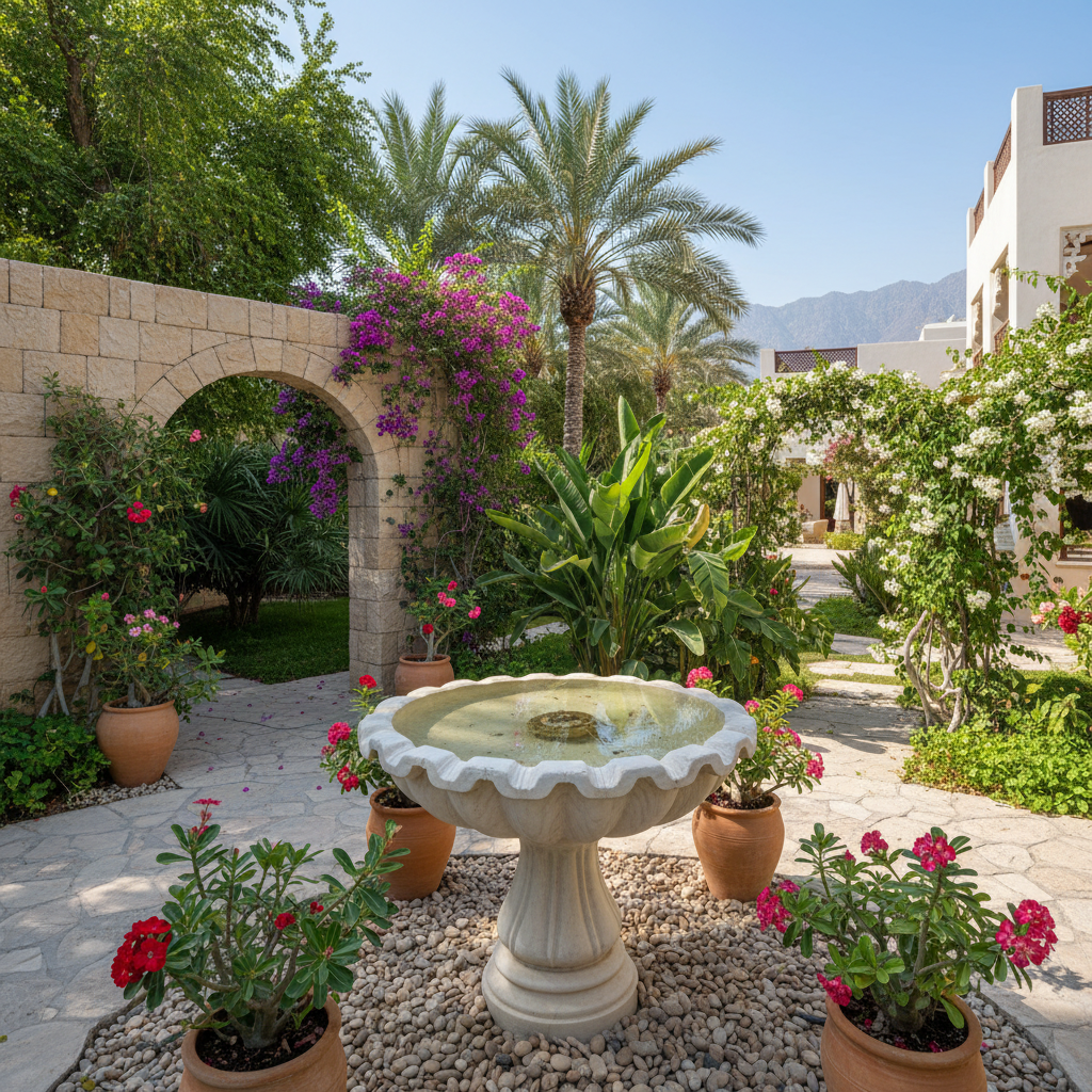 Decorative stone bird bath with shallow water in luxury villa garden Muscat Oman surrounded by flowers