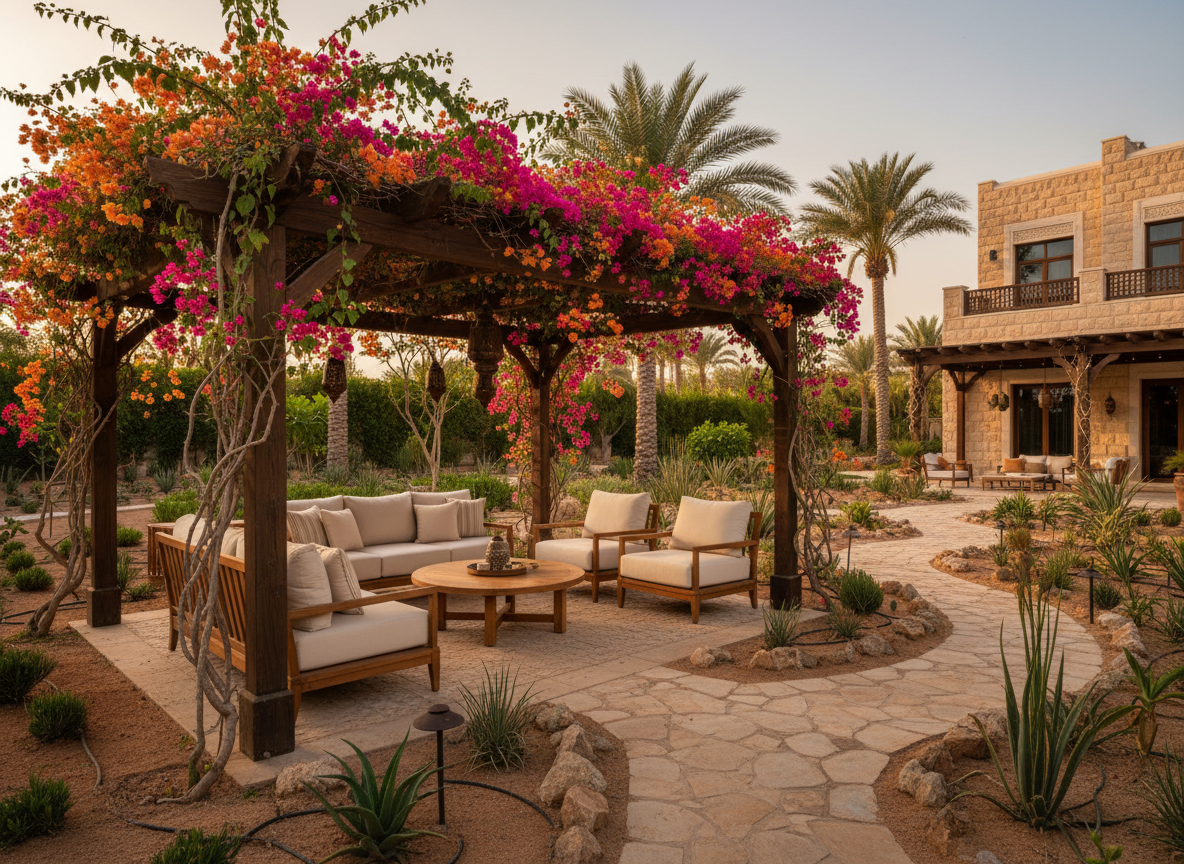 Luxury pergola lounge with comfortable seating in an Omani villa garden