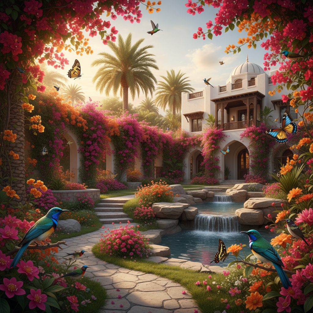 Birds and butterflies in lush villa garden in Muscat Oman with bougainvillea flowers and natural wildlife habitat