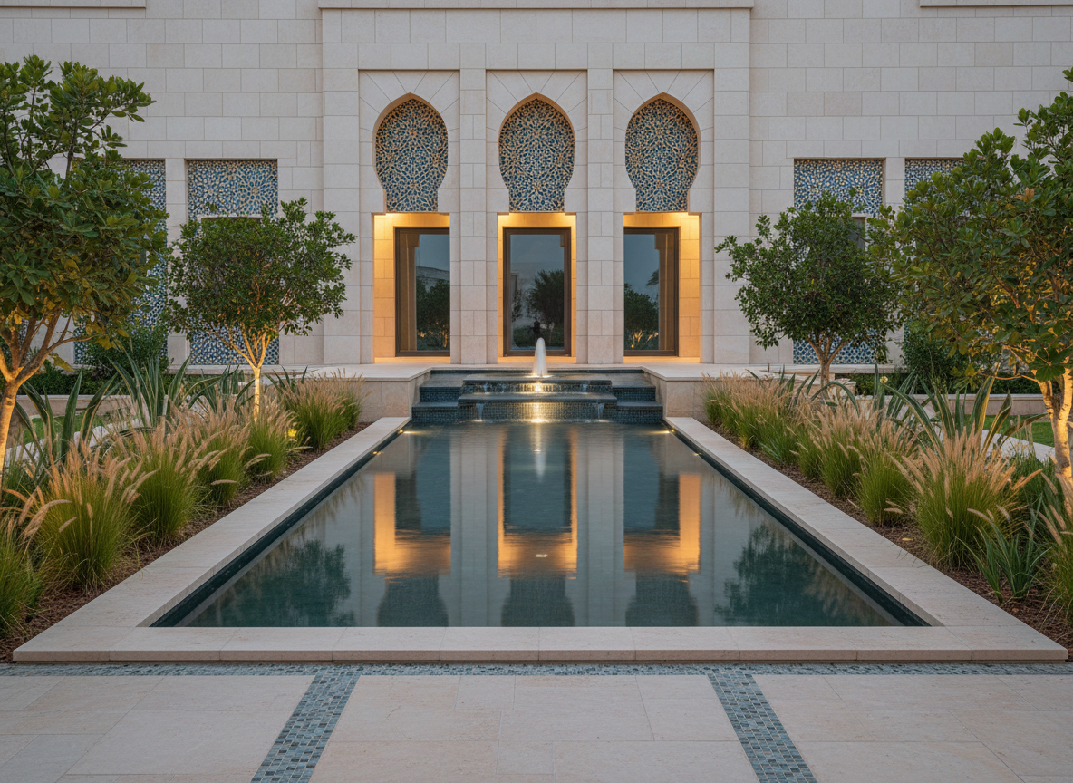 Elegant water fountain feature with reflecting pool in luxury Omani villa garden