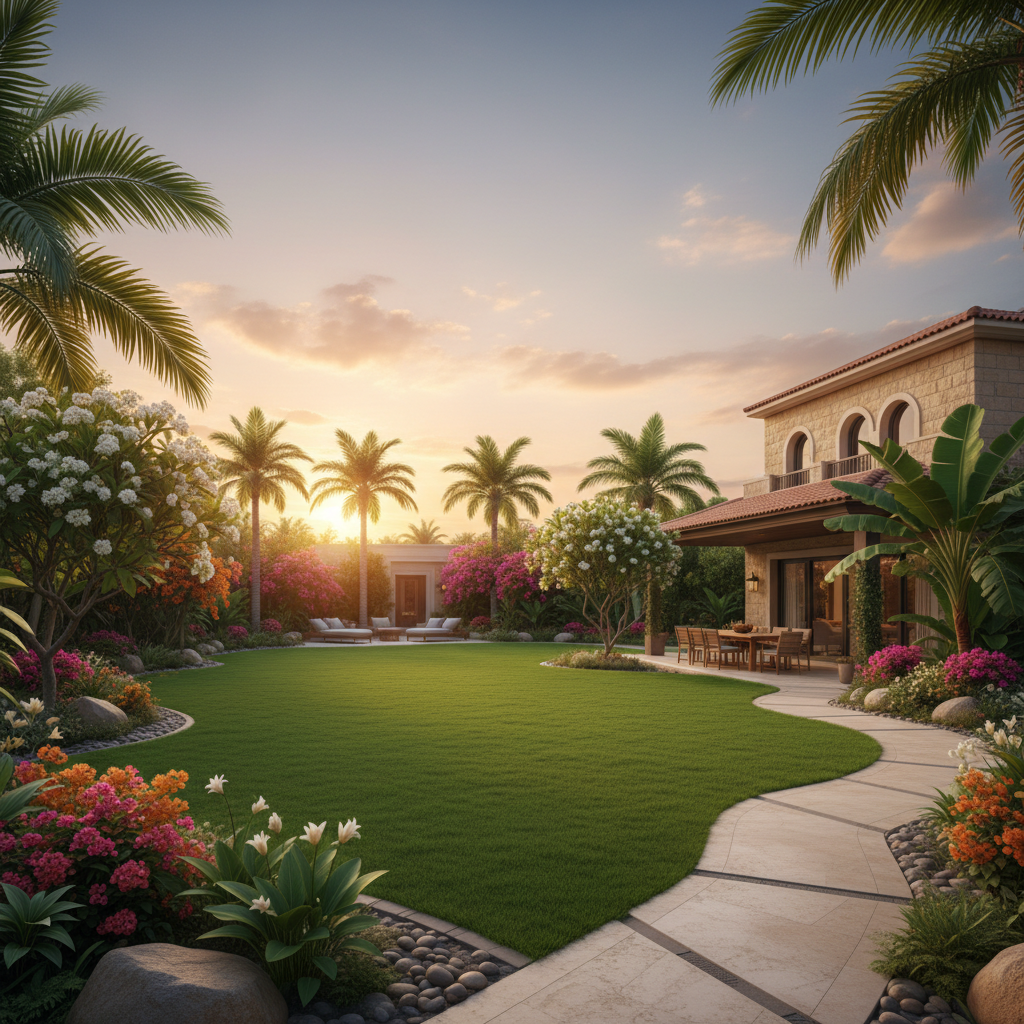 Beautifully maintained healthy villa garden in Muscat Oman after professional drainage installation with lush green lawn