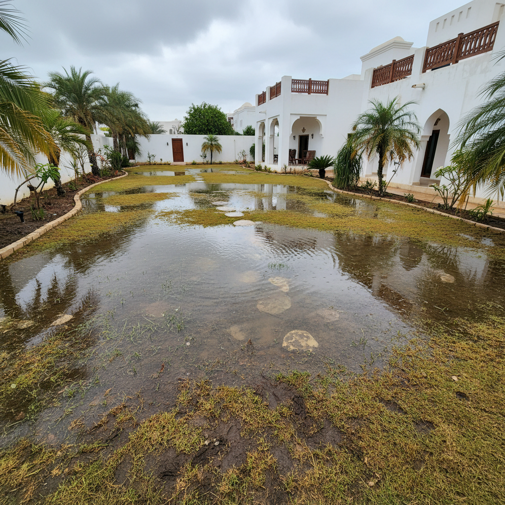 Waterlogged garden with standing water and yellow grass showing poor drainage in Muscat Oman villa