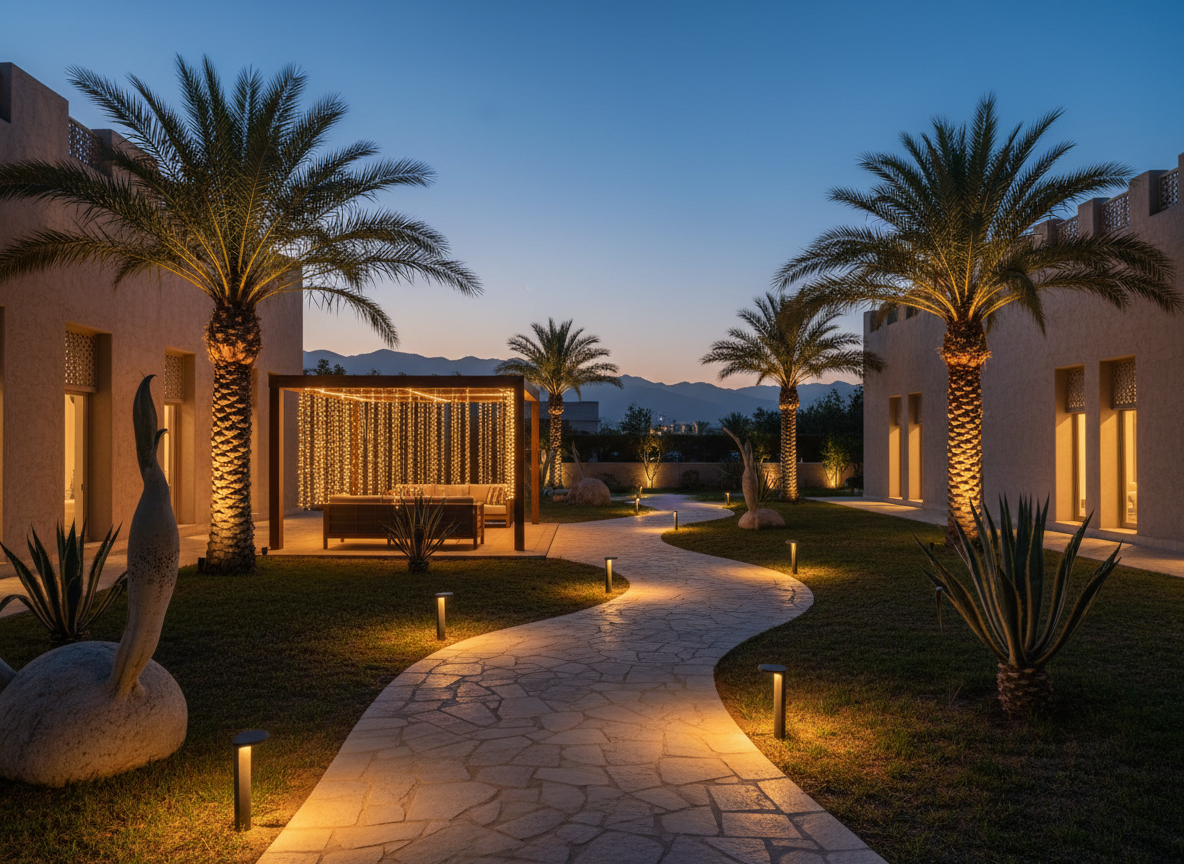 Smart outdoor garden lighting with path lights and pergola string lights in Muscat villa