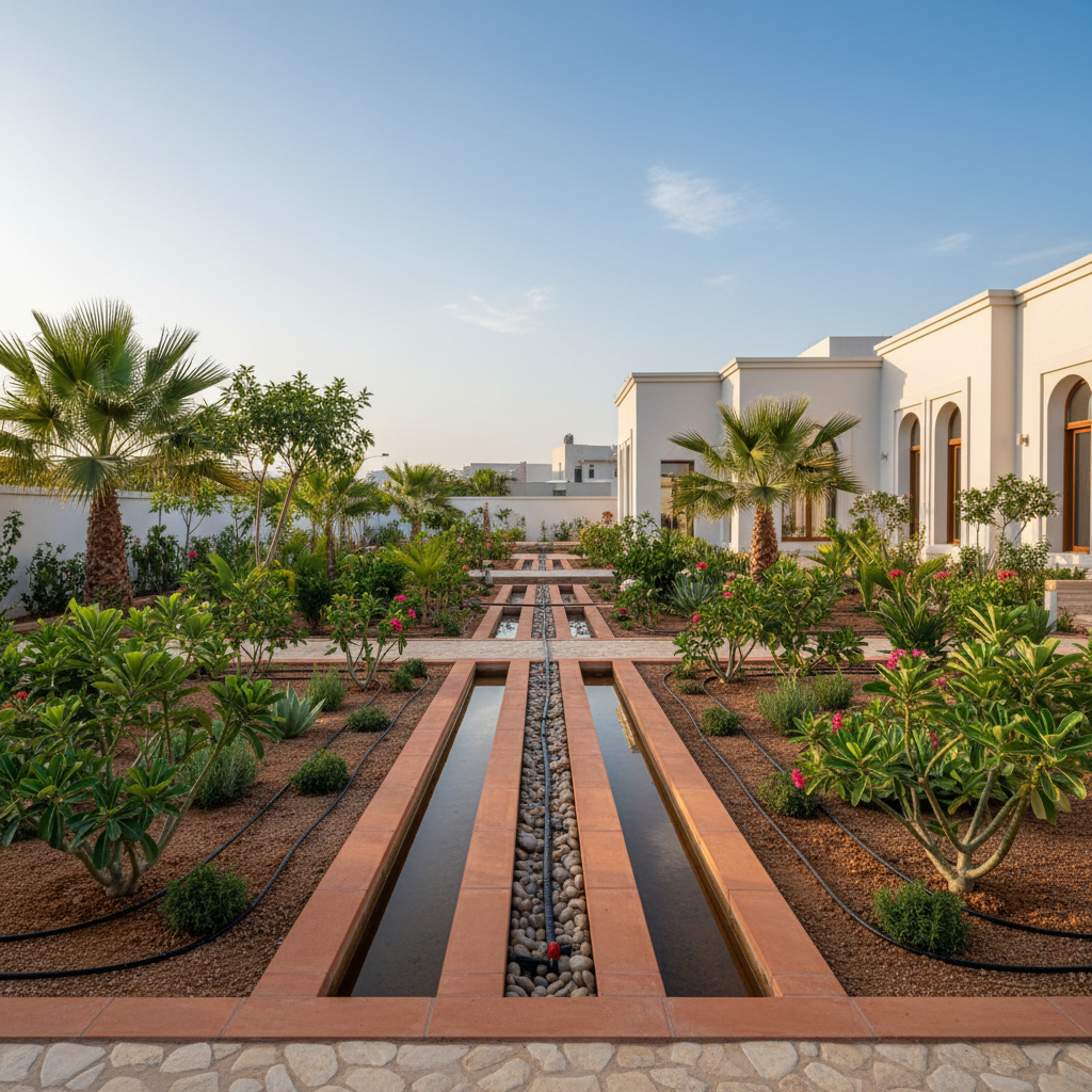 Smart irrigation and drainage balance in Omani villa garden with drip irrigation and drainage channels
