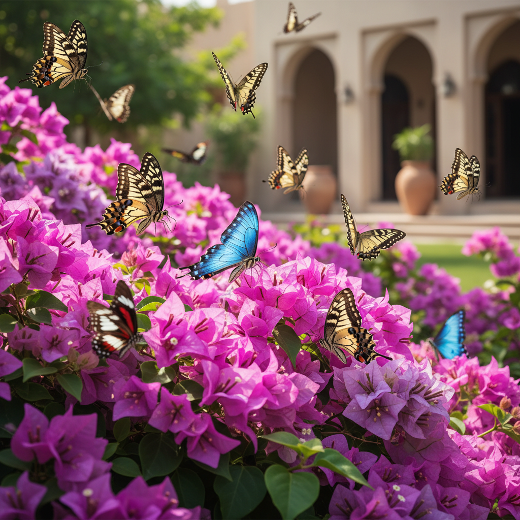 Butterflies feeding on bright bougainvillea flowers in Omani villa garden Muscat butterfly garden
