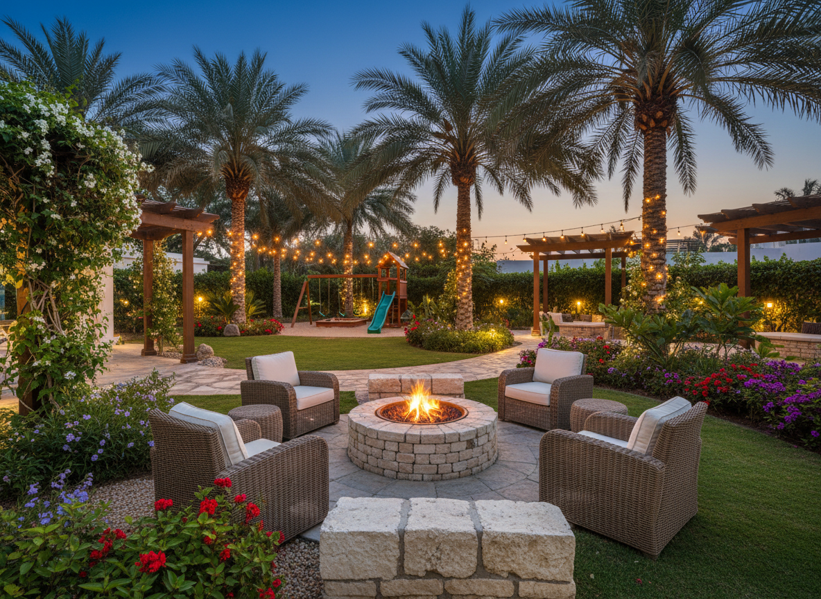 Family-friendly garden entertainment zone with fire pit and play area in Muscat villa
