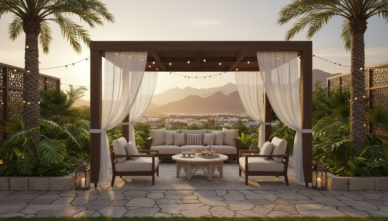 Best outdoor living space ideas for Omani gardens featuring luxury pergola and seating area in Muscat villa