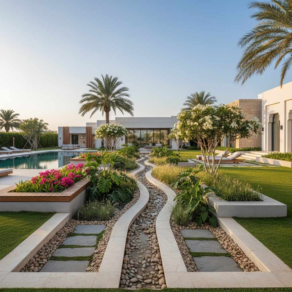 Surface drainage swale and decorative stone-lined channel in luxury villa garden Muscat Oman
